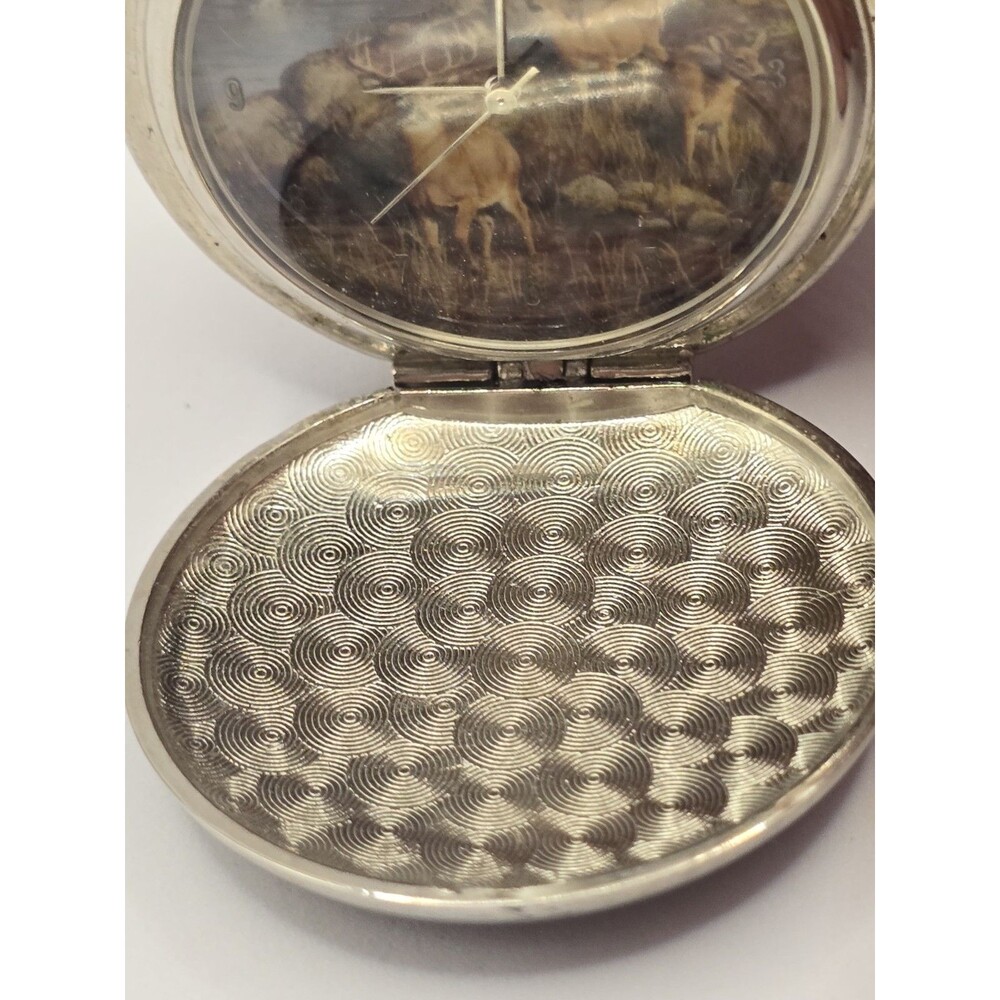VTG Hautman Brothers Whitetail Deer Pocket Watch Silver Tone Chain - For Repair - Picture 5 of 9